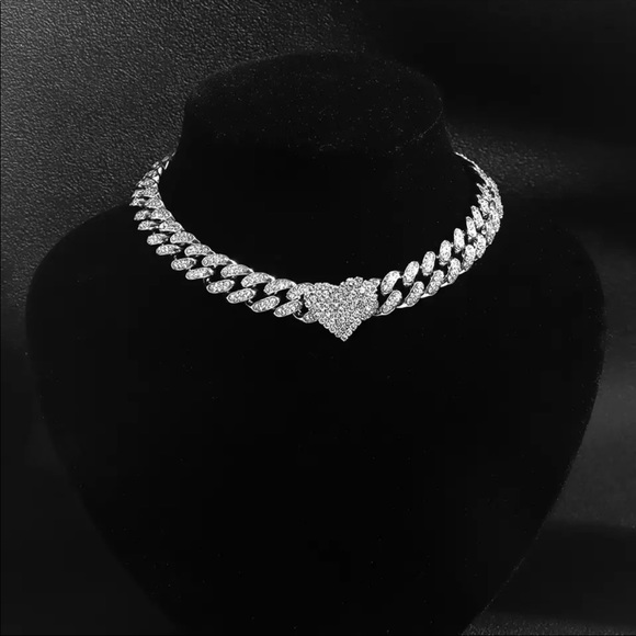 Silver Heart Bling Cuban Link Necklace - Picture 2 of 2